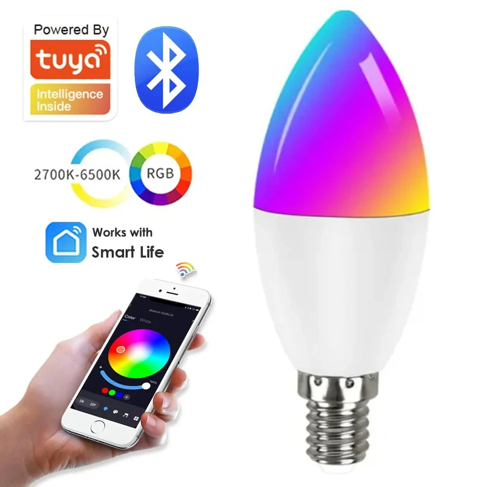 TUYA Smart Light Bulb E14 RGB Bluetooth Candle Crystal Lamp 110V 220V Dimmable Smart Life Group APP Control for Room Home Decor