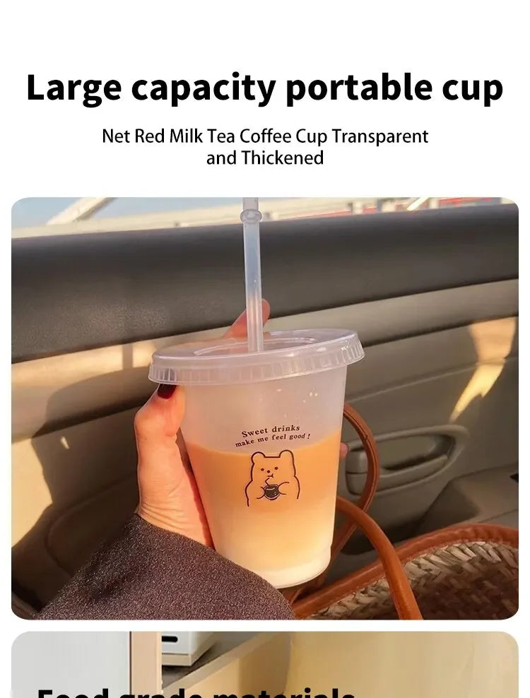 Cartoon Bear Pattern Large Capacity Plastic Straw Cup Handheld Beverage Cup Suitable For Coffee Milk Tea