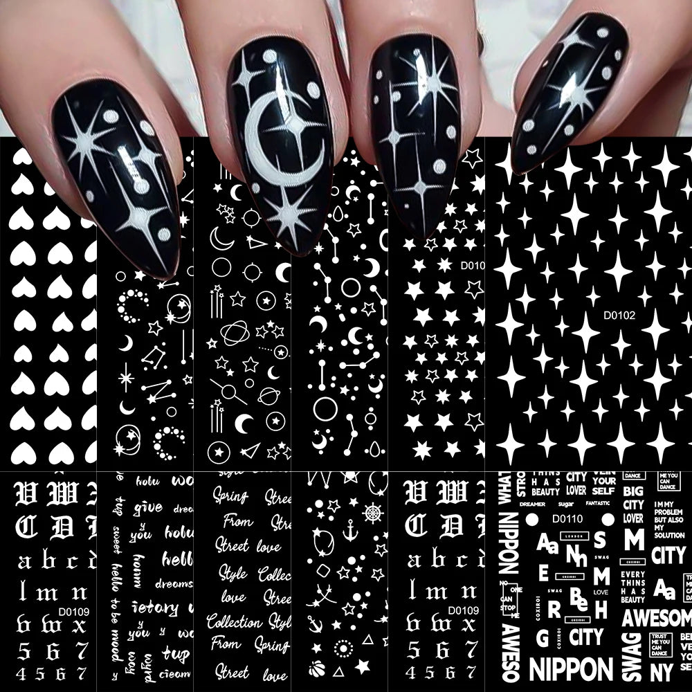 12Pcs Gold/Silver Tasse/Line/Star/Moon 3D Nail Art Stickers Leaf/Geometric Design Self-adhesive Sliders Luxury Manicure Decals