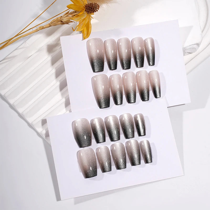 30Pcs Fake Nails French Style Gradient Cat Eyes Press On Full Cover Artificial Three Sizes Available False Nails Nail Enthusias