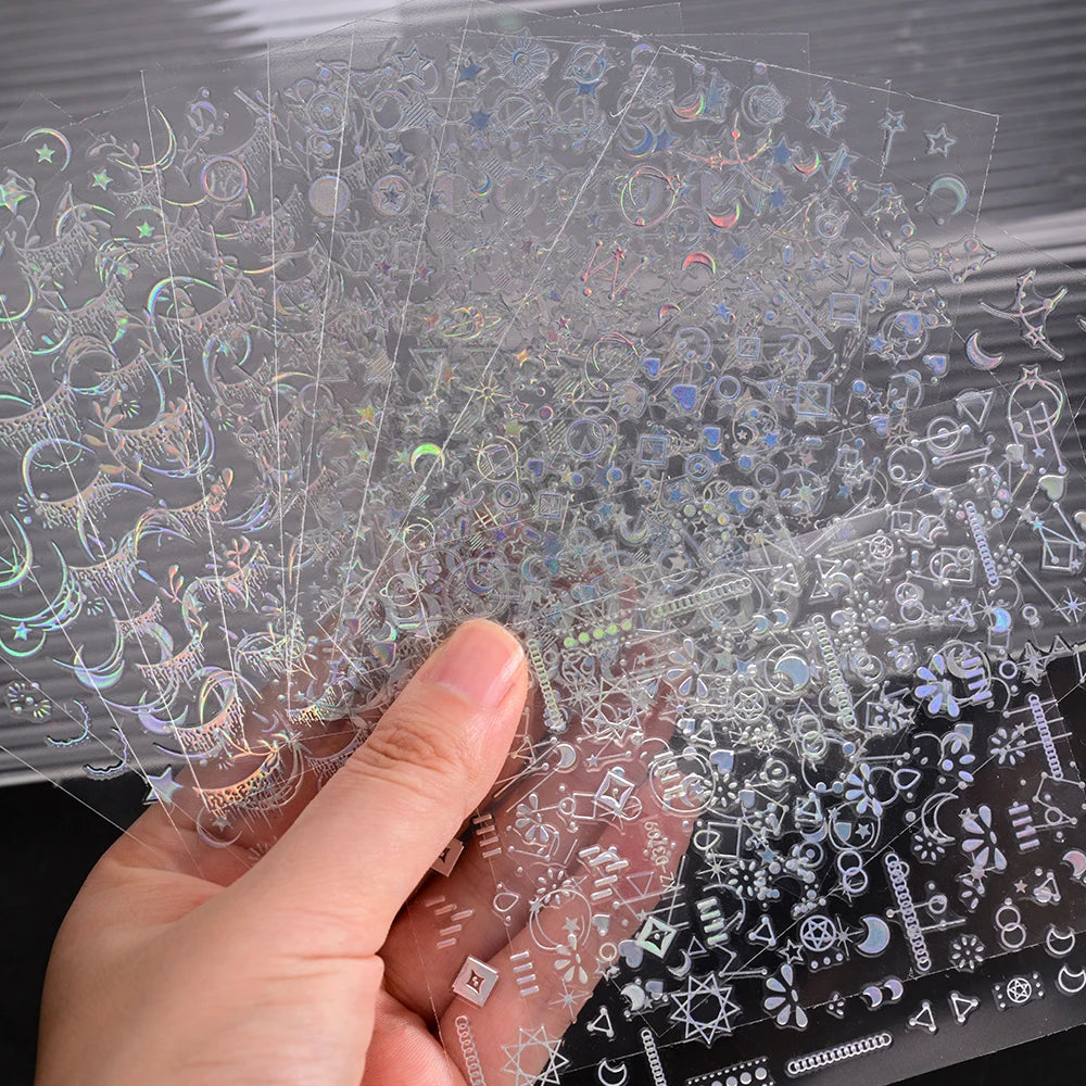 12Pcs Gold/Silver Tasse/Line/Star/Moon 3D Nail Art Stickers Leaf/Geometric Design Self-adhesive Sliders Luxury Manicure Decals