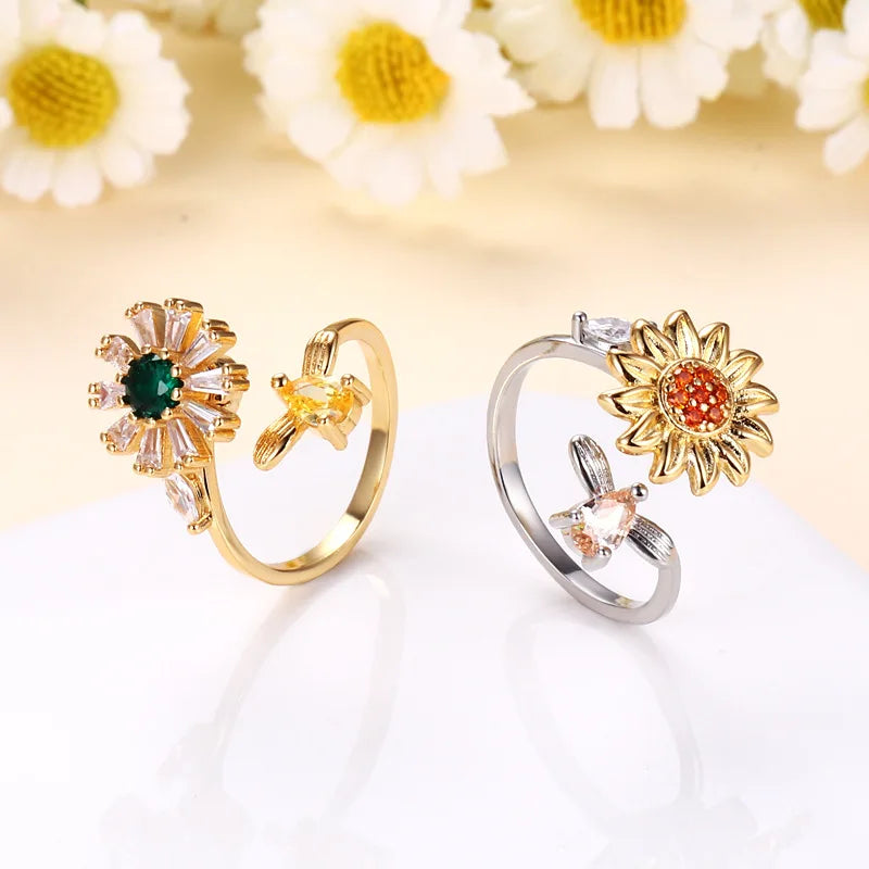 Rotating Sunflower Rings for Women Anti Anxiety Stainless Steel Ring Birthday Wedding Luxury Jewelry Gifts Adjustable Ring