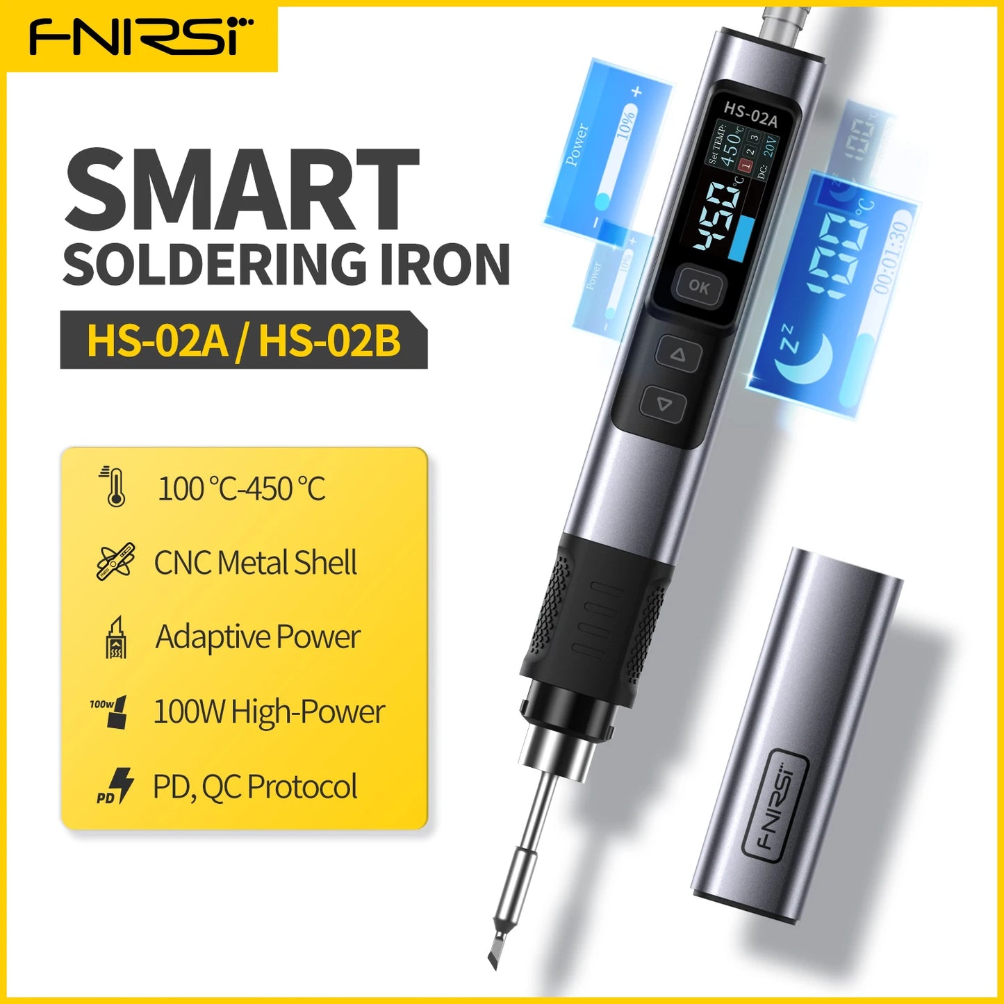 FNIRSI HS-02 Adjustable Temperature Soldering Iron DC 24V 100-450℃ Welding Solder Rework Station PD 100W Portable Repair Tool