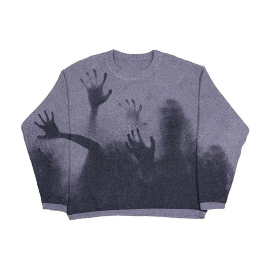 New Hip Hop Streetwear Knitted Sweater Men Gothic Ukiyo-e Claw Printed Graffiti Pullover 2022 Autumn  Winter Knitwear for Women