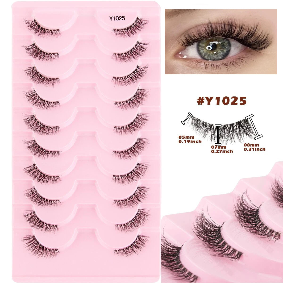 3/5/10Pairs Half False Lashes Natural Short 3D Cat Fake Mink Eyelashes Extension Winged Fluffy Wispy Faux Cils Clear Band Makeup