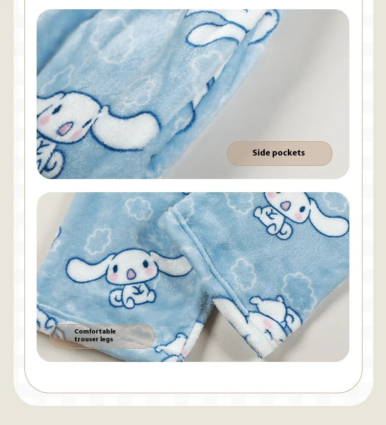 Miniso Hello Kitty Kuromi Sleeper Pants With Flannel Thick Fleece For Warmth Casual Cute Cartoon Pattern Girl Christmas Clothing