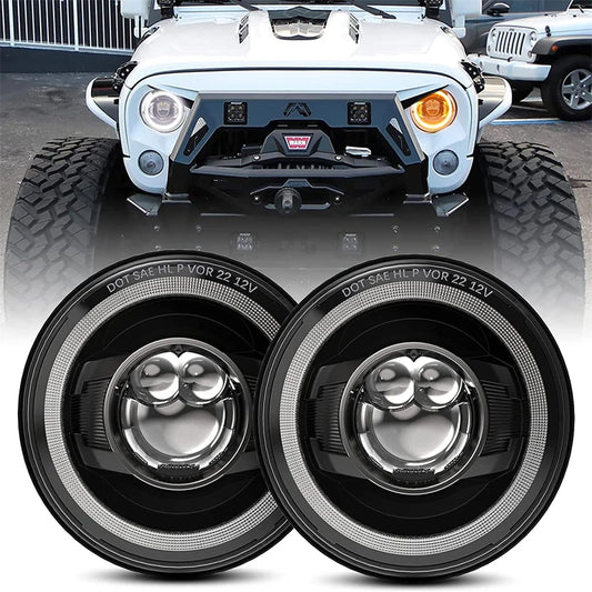 Car 7" Headlight for Land Rover Defender 90 110 Round LED Headlights DRL With Yellow Signal Light for Lada Niva 4X4 Jeep JK LJ