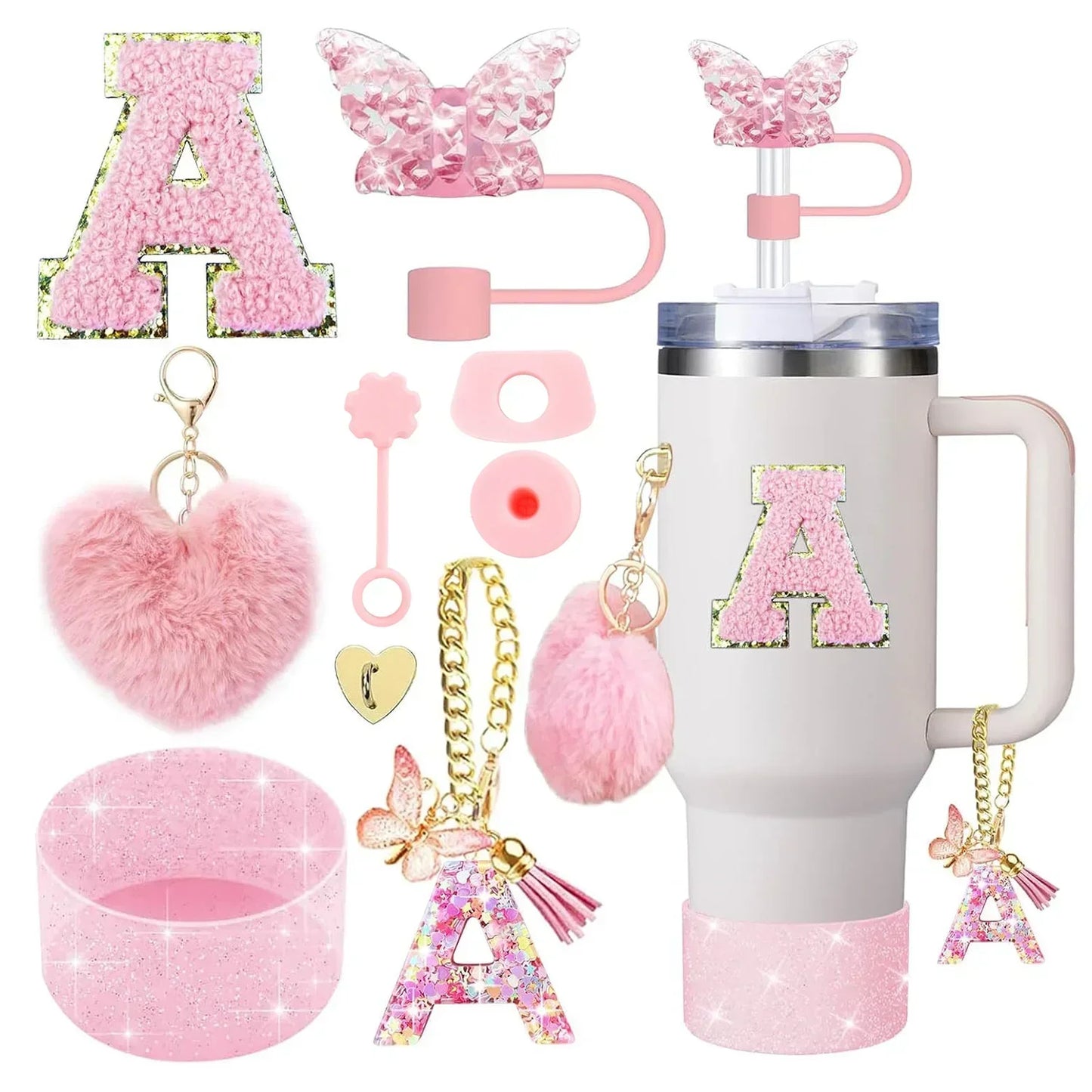 9PCS Accessory Set for Stanley Cup 30oz 40oz Butterfly Straw Cover Cap Silicone Boot Charm Initials Sticker Spill Proof Stopper