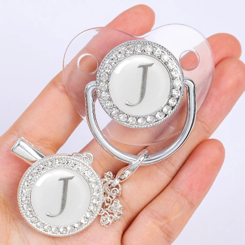 Baby Personalized Pacifier Clip Newborn Luxury Pacifiers Holder Letter Silver Bling Infant Transparent Silicone Teether BPA Free