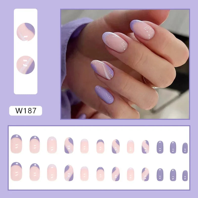 Dark Blue Cat Eyes 24 Pcs Press on Nails Pink Gradient Fake Nails Glossy Artificial Finger Manicure Reusable False Nails