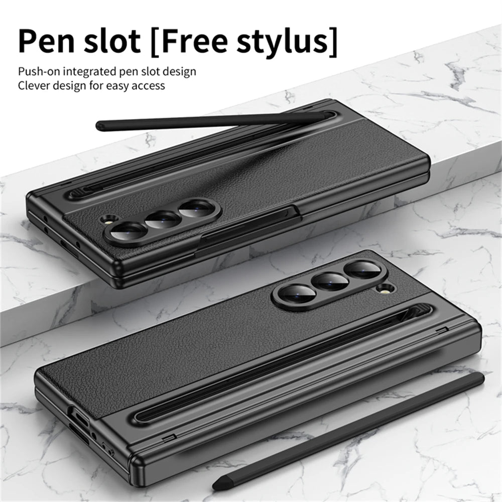 For Samsung Galaxy Z Fold 7 6 5 4 3 Leather Hinge Phone Case Outer Screen Glass S Pen Slot Protective Cover for Galaxy Z Fold 7