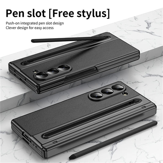 For Samsung Galaxy Z Fold 7 6 5 4 3 Leather Hinge Phone Case Outer Screen Glass S Pen Slot Protective Cover for Galaxy Z Fold 7