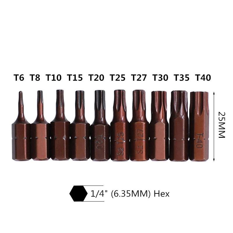 1~10PCS lot 1/4 Inch Alloy Steel 25MM Long Magnetic Torx Screwdriver Bits Set Hand Tools T8 T10 T15 T20 T25 T27 T30 T35