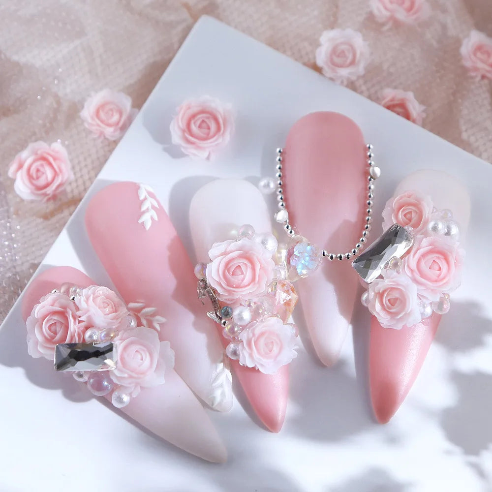 30 pcs gradient carved rose nail ornaments with steel bead pearl nail accessories