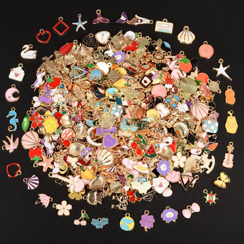 30/60/100pcs Random Mix Different Animal Moon Fruits Heart Drip Oil Pendant Jewelry Making Supplies Metal Alloy Handmade Earring