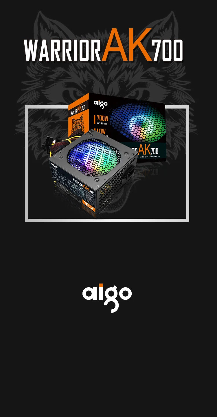 Aigo AK 700W PC PSU Power Supply Unit Black Gaming Quiet 120mm RGB Fan 24pin 12V ATX Desktop Computer Power Supply for BTC