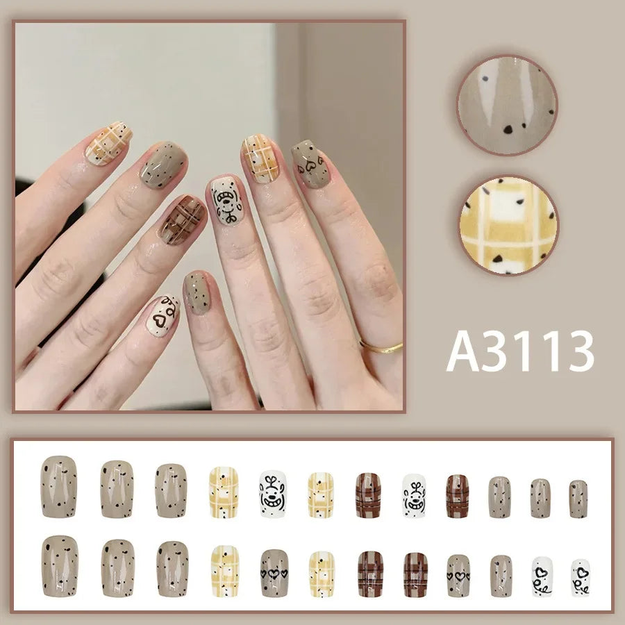 Watercolor Rose Fake Nail with Jelly sticker Press on False Nails Wearable Round Head Oval Full Cover Nail Tips
