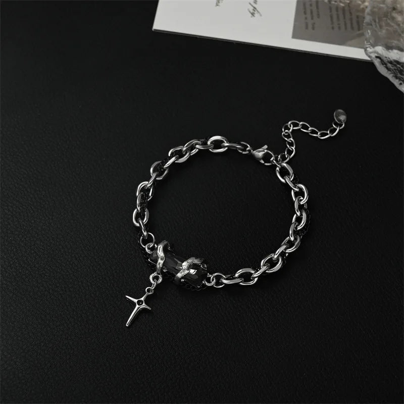 2024 Retro Black Zircon Star Bracelet for Women Men Trend Titanium Steel Punk Chain Unisex Jewelry New Couple Accessories