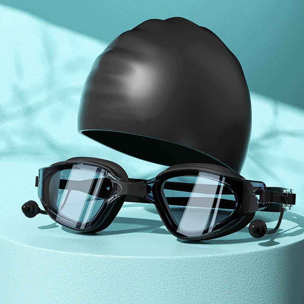Swimming Goggles Cap Adult HD Anti-fog Swimming Goggles Set Waterproof Silicone Swim Glasses with Earplugs Anti-UV Swim Eyewear