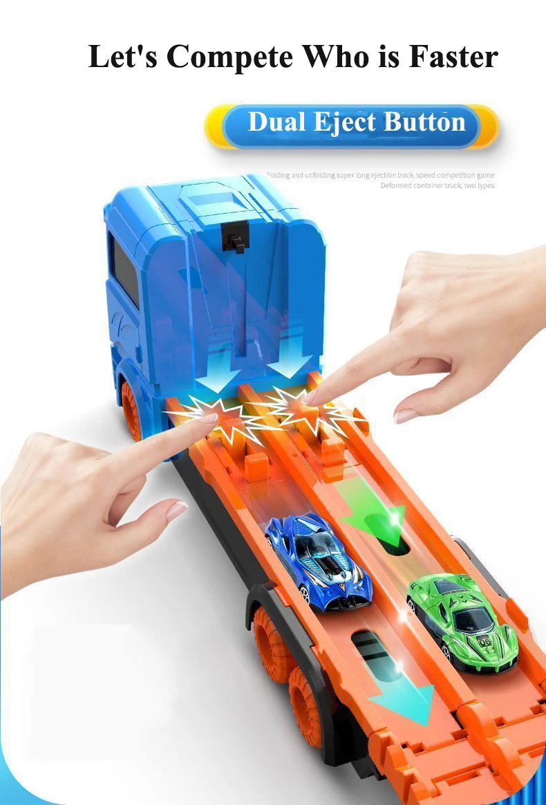 Transport Truck Toy 65-Inch Foldable Toddler Car Carrier for Boy Girl 9 in 1 Race Track and Die-Cast Truck Race Car Gift Vehicle