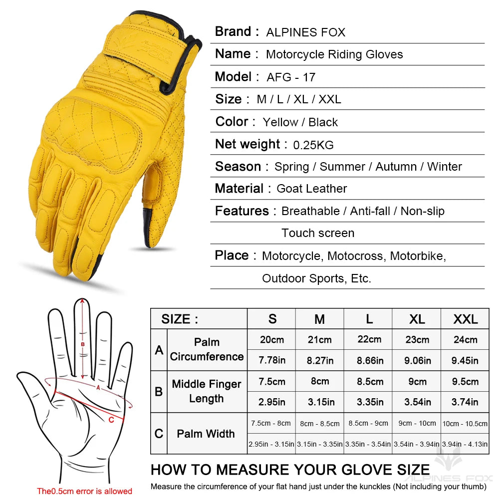 Vintage Leather Motorcycle Gloves Men Women Wear-resistant Motobike Guantes Touchscreen Anti-slip Retro Motobiker Luvas Yellow