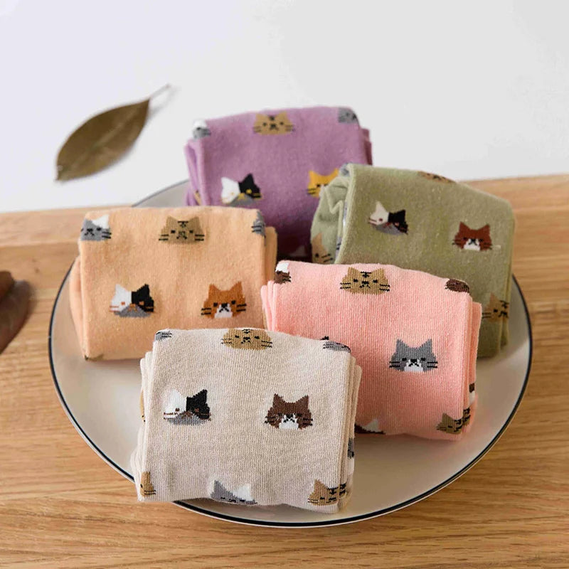 5 Pairs Cat Print Socks, Cute & Comfy All-match Mid Tube Socks, Women's Stockings & Hosiery