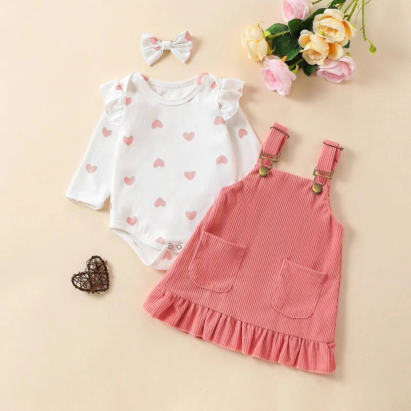 Cute Baby Girl Dress - Soft Corduroy Fly Sleeve Two Piece Straps Floral Printed Bow Dress for Spring and Fall Outdoor Play