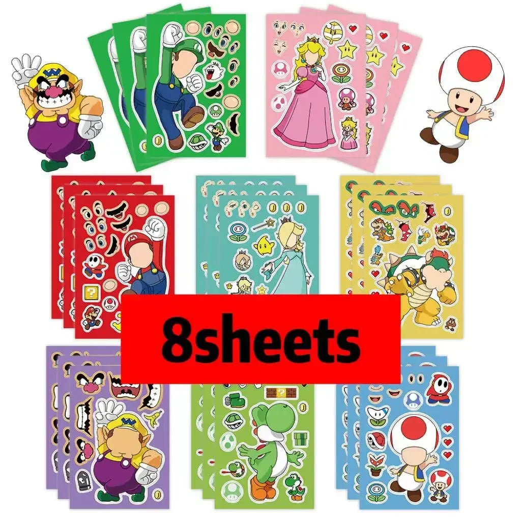 8/16Sheets Disney Micke Puzzle Stickers  Children DIY Make-a-Face Funny Assemble Jigsaw Cartoon Sticker Kids Educational Toys