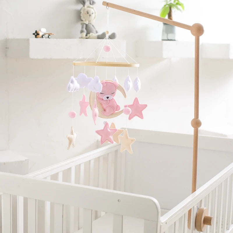 Crib Mobile Rattle Baby Wooden Bed Bell Baby Rattles Soft Felt Cartoon Bear Toys Crib Mobile Bed Bell Wood Toy Bracket Kid Gifts