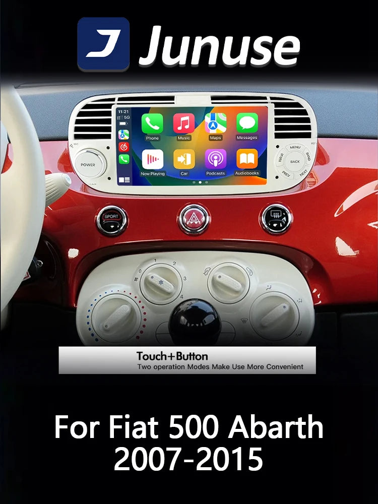 Junuse 7" Wireless Android Auto Carplay For Fiat 500 2007~2015 Android 13 Carplay GPS Navigation Multimedia Player White Black