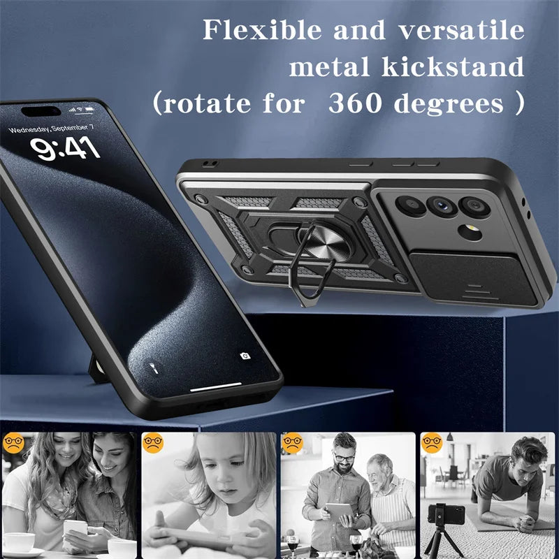 Armor Case For Samsung Galaxy S24 FE S22 S23 Plus S21 S25 Ultra S20 A54 A16 5G A56 A55 A35 A15 A05 A06 Slide Lens Protect Cover