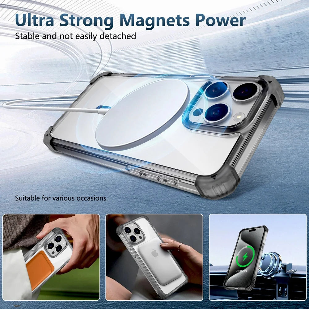 Shockproof Armor Transparent Hard Case For iPhone 16 15 14 13 12 Pro Max 16Pro 15Pro iPhone16 For Magsafe Wireless Charge Covers