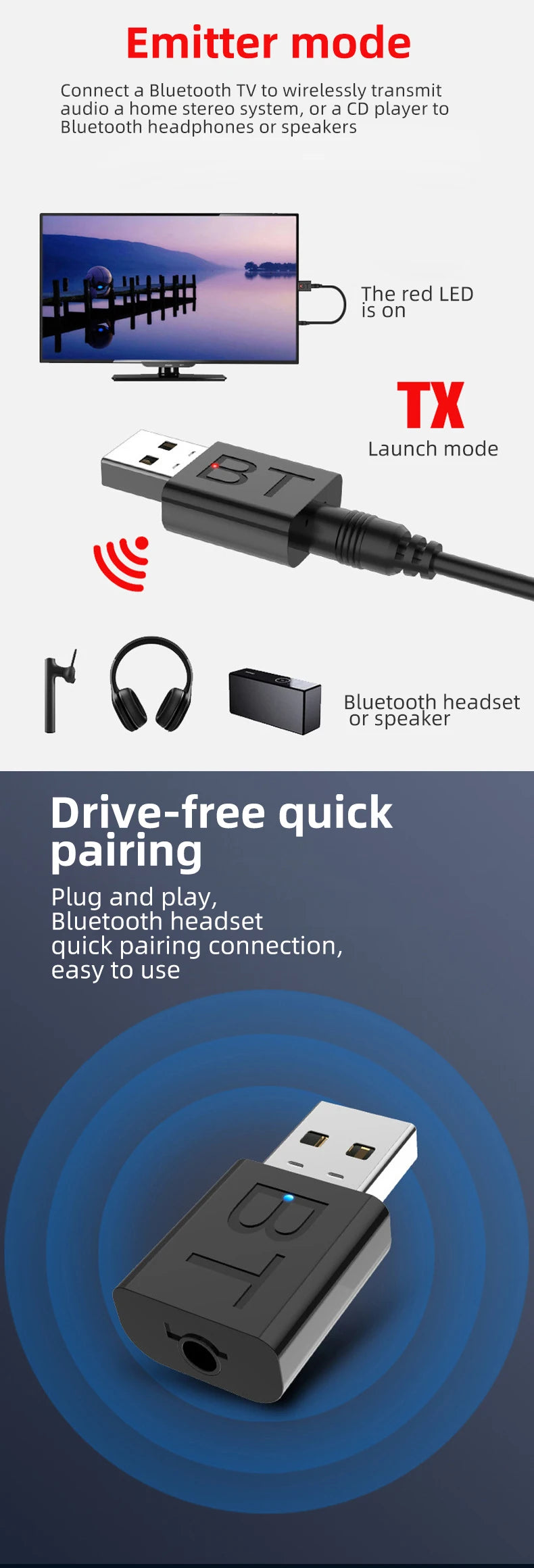 USB Bluetooth Receiver Transmitter Car Bluetooth 5.0 Audio Adapter 