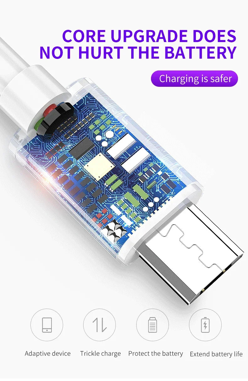 3A Fast Charging Micro USB Cable for Huawei Samsung Xiaomi Redmi Android V8 Charging Port Phone Charger Charging Cord