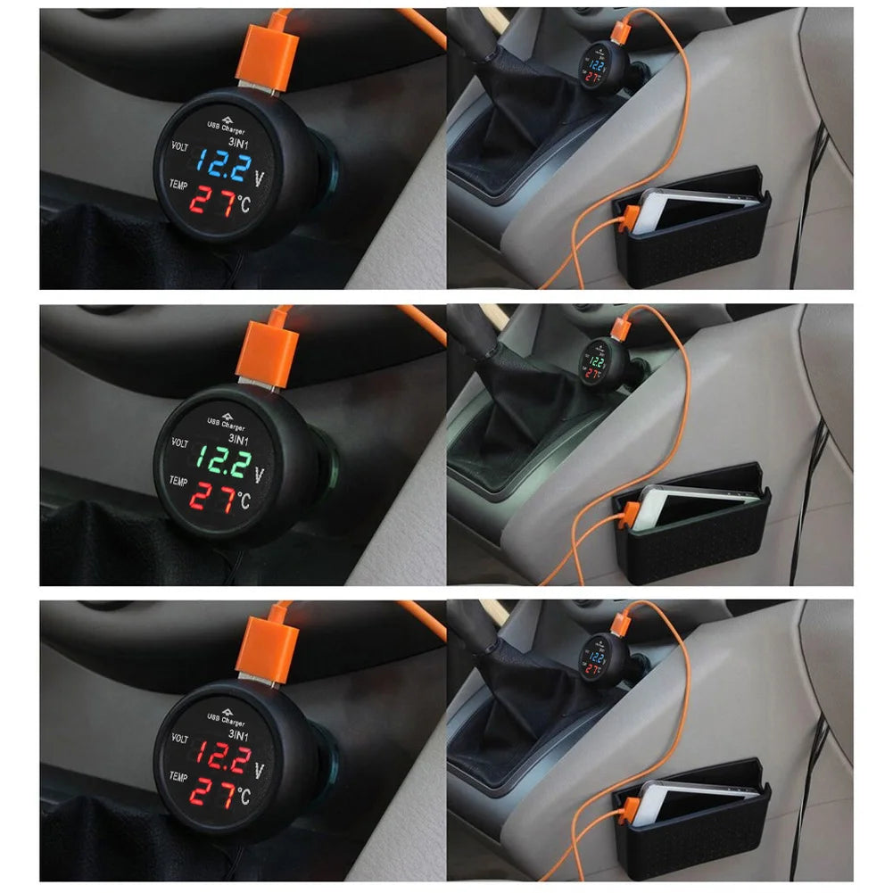 3 in 1 12/24V Car Auto LED Digital Voltmeter Gauge Thermometer USB Charger Monitor Display Charging for Phone Tablet GPS