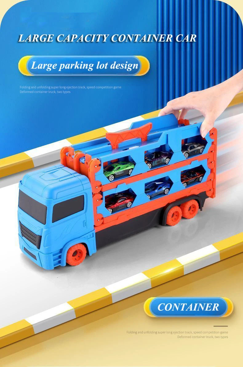 Transport Truck Toy 65-Inch Foldable Toddler Car Carrier for Boy Girl 9 in 1 Race Track and Die-Cast Truck Race Car Gift Vehicle
