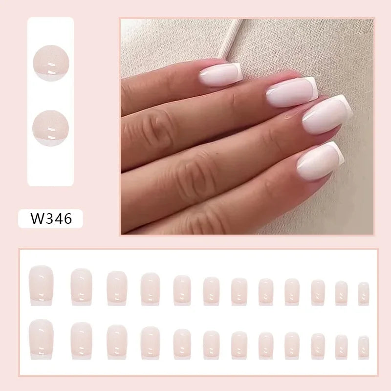 Gold Pink Wine Red 24 Pcs Fake Nail with Jelly sticker Press on False Nails Wearable Round Head Oval Full Cover Nail Tips