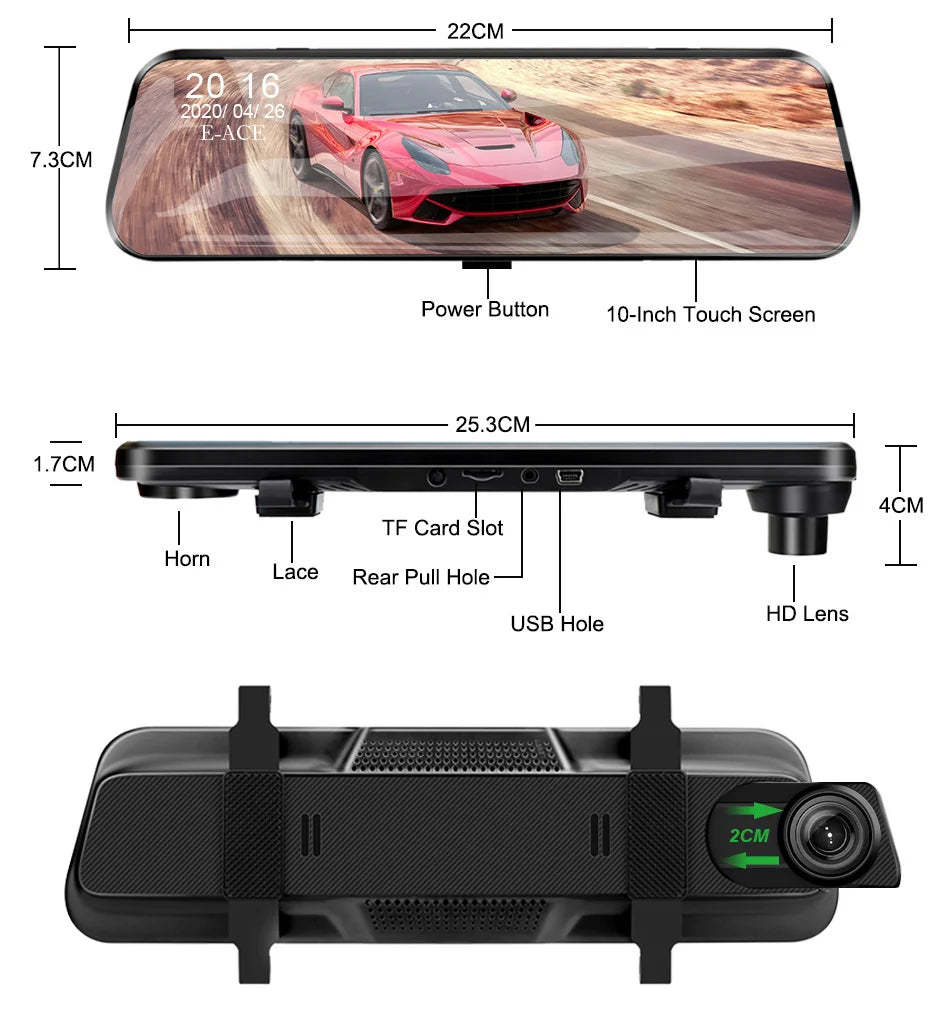 Acceo Car Dvr 10 Inch Touch Screen RearView Mirror Video Recorder Auto Registrar Support Black box Camera Night Vision Dash Cam