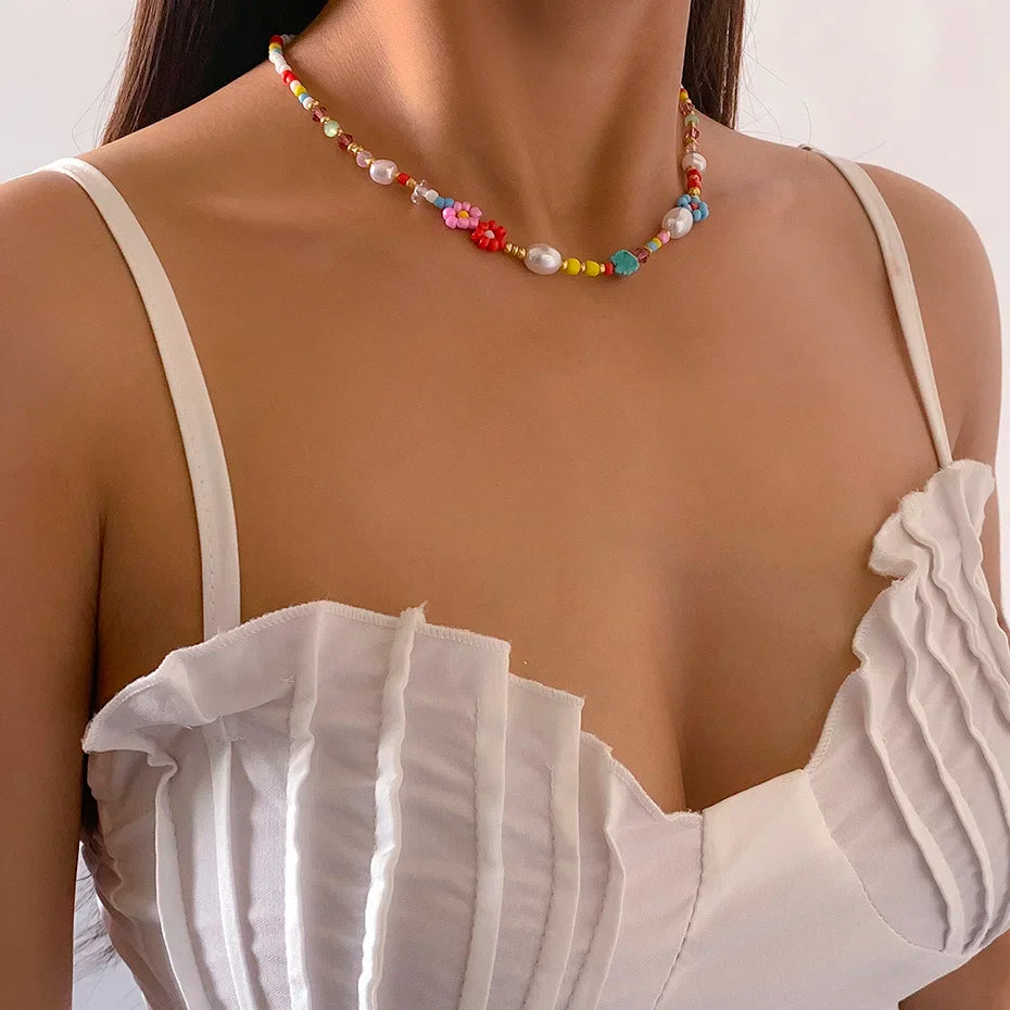 Baroque Simulated Pearls Cute Flowers Colorful Hand-woven Beaded Short Clavicle Chain Choker Necklace For Women Girls Jewelry