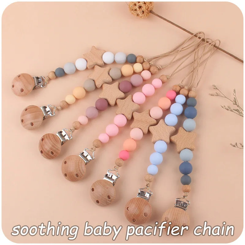 Custom Name Wooden Personalized Baby Pacifier Chain Silicone Bead Dummy Nipple Holder Guard Teether Pendant  Newborn Gift Stuff