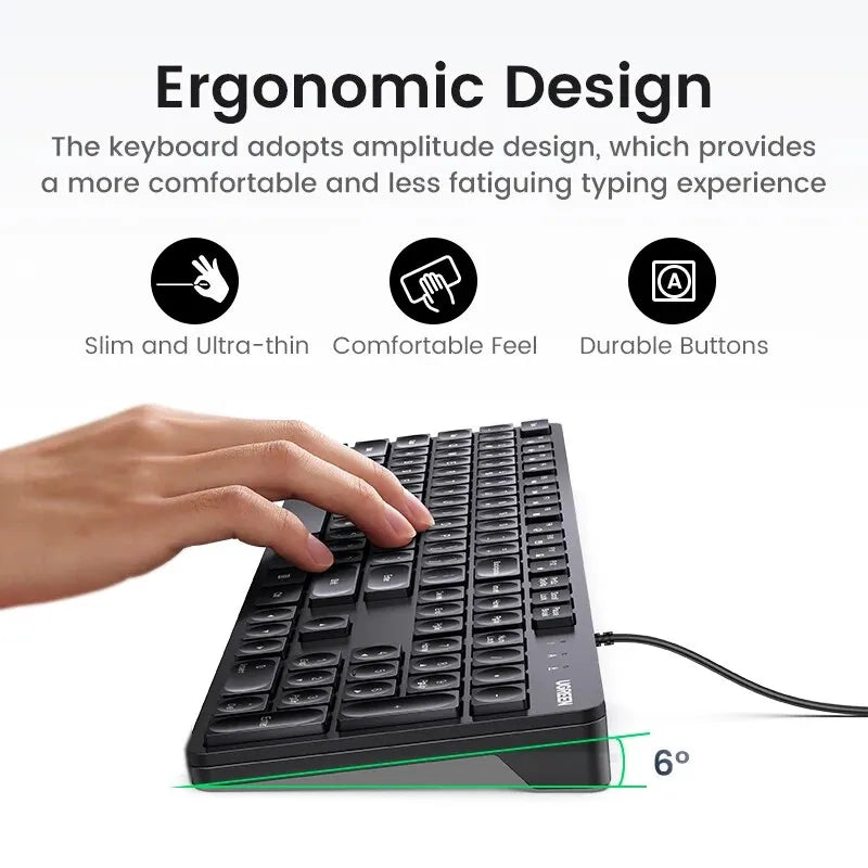 UGREEN Keyboard Wired US Layout English Keycaps 104 Keys Full Size for PC Laptop Ergonomic USB Keyboard 1.5M Cable Plug & Play