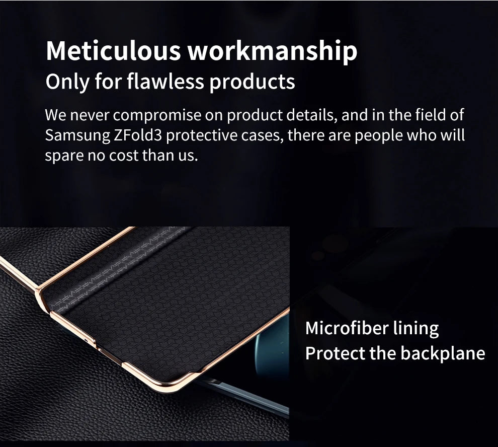 LANGSIDI Leather Case for Samsung Galaxy Z Fold 7 6 5 4 3 Fold6 Fold7 Gold Plating Magnetic Hinge Stand Cover with Mirror Film