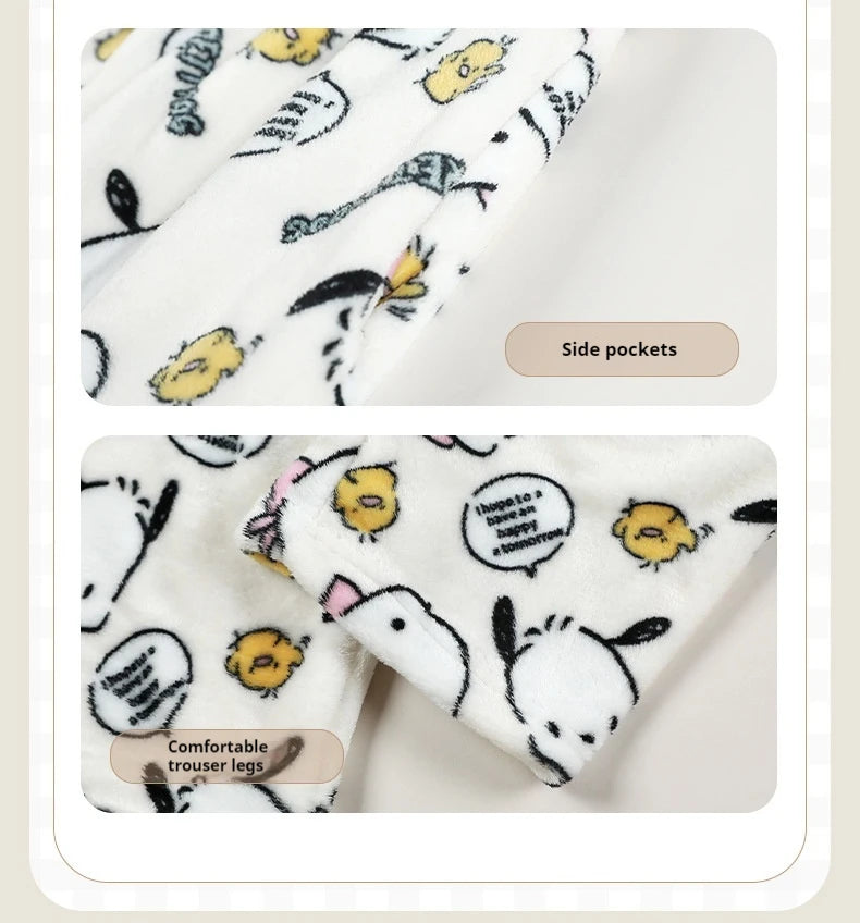 Miniso Hello Kitty Kuromi Sleeper Pants With Flannel Thick Fleece For Warmth Casual Cute Cartoon Pattern Girl Christmas Clothing
