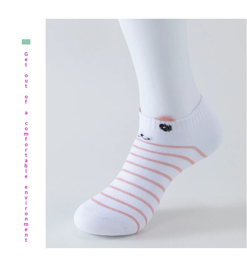 5 Pairs of WOMEN'S Short Socks, Pink Cat Thin, Cute All Season Boat Socks, Slow Top, Fashionable Boat Socks