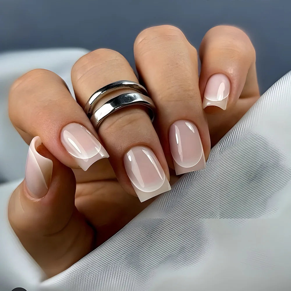 24pcs Cat's Eye French Fake Nail Sets Finished Gradient Pink Short Square False Nails Press on Datachable Design Manicure Tips