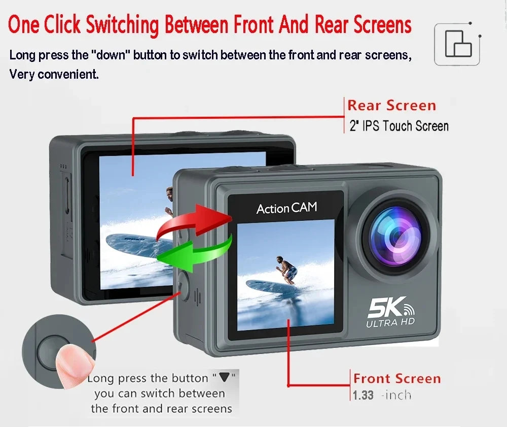 5K Action Camera 4K60FPS Dual IPS Touch LCD WiFi 170° DVR Action Cam 30M Waterproof 5X Zoom Sports Camera With Remote Control