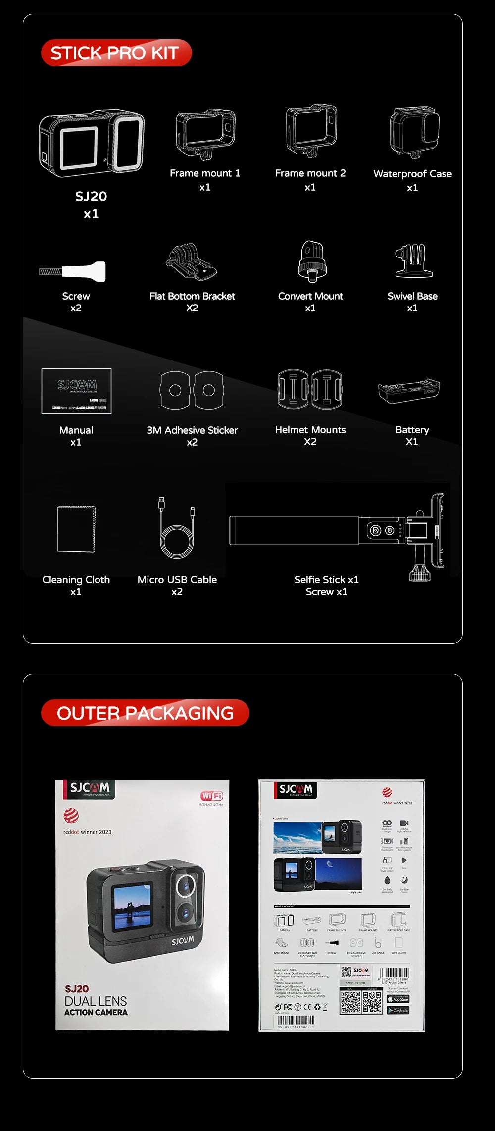 SJCAM SJ20 Dual Lens Dual cameras 4K Action Camera Waterproof 5G WiFi Touch Screen action cam camera sport helmet New In 2024