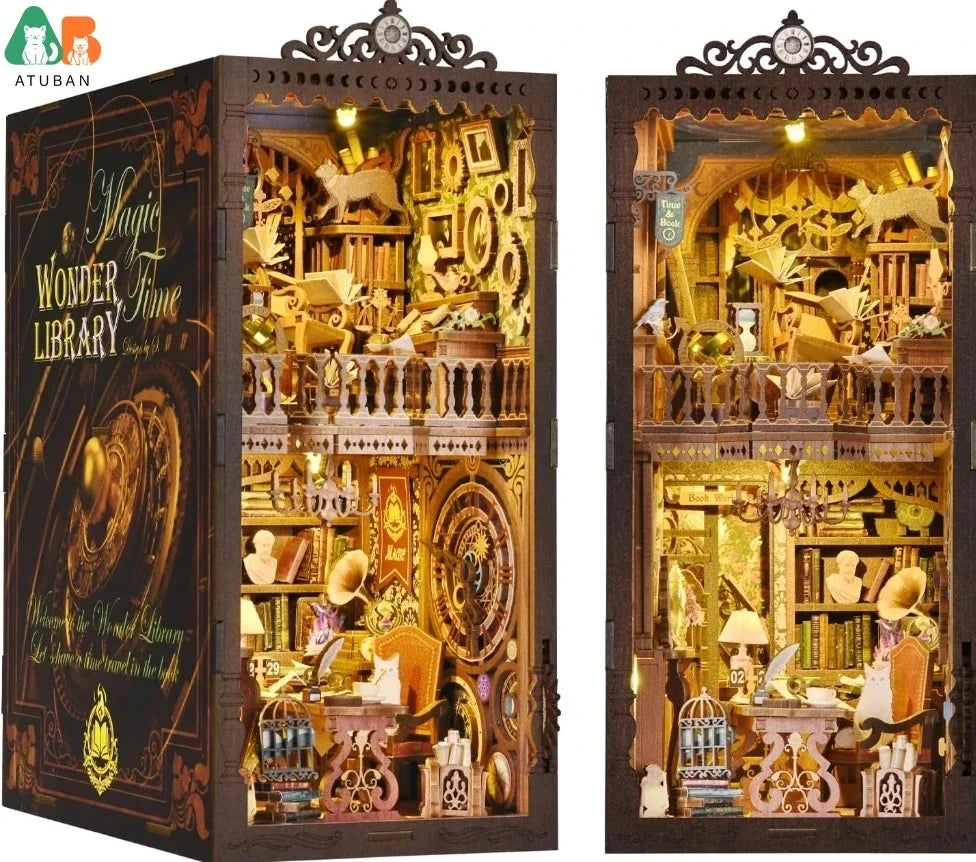 ATUBAN DIY Book Nook Kit, 3D Wooden Puzzle Miniature Dollhouse, Booknook Kit Bookend Bookshelf Insert Decor with LED Light