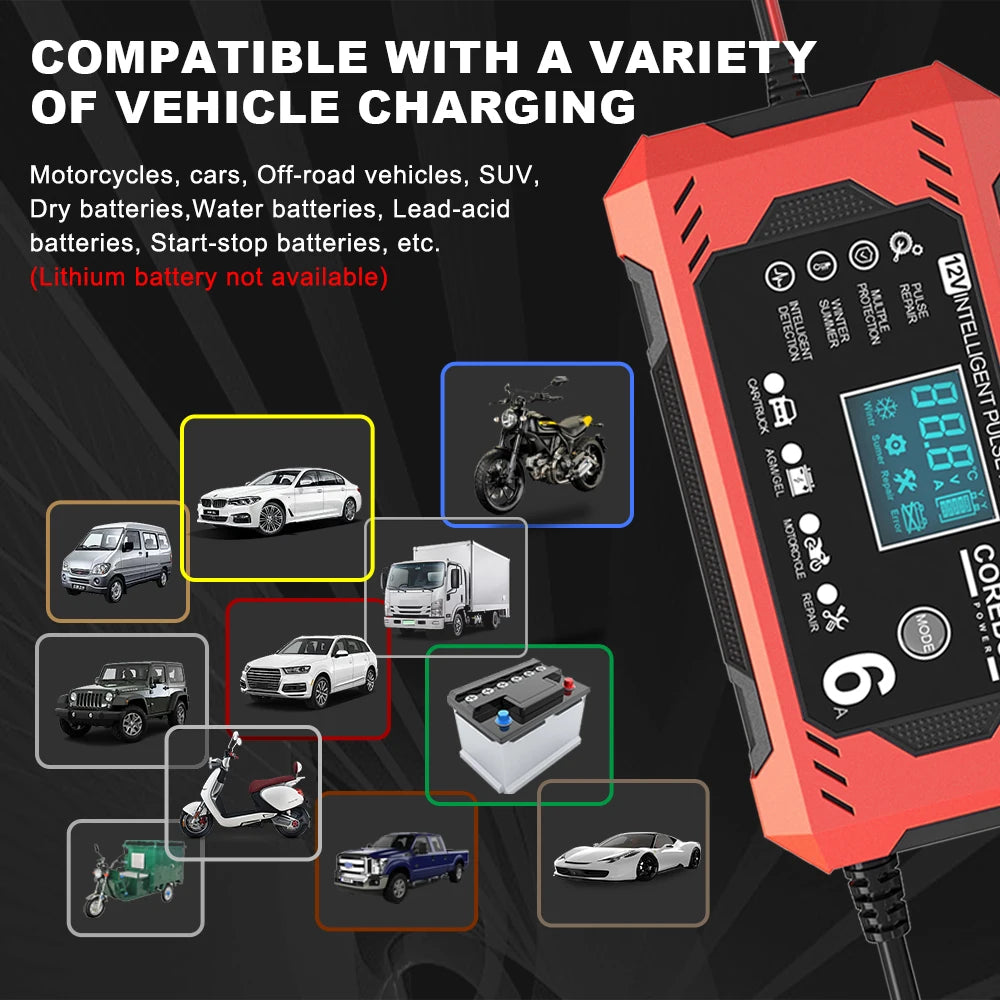 6A 12V Automotive Battery Charger Car and Motorcycle Battery Charging Devices Intelligent Maintenance of Lead Acid Battery