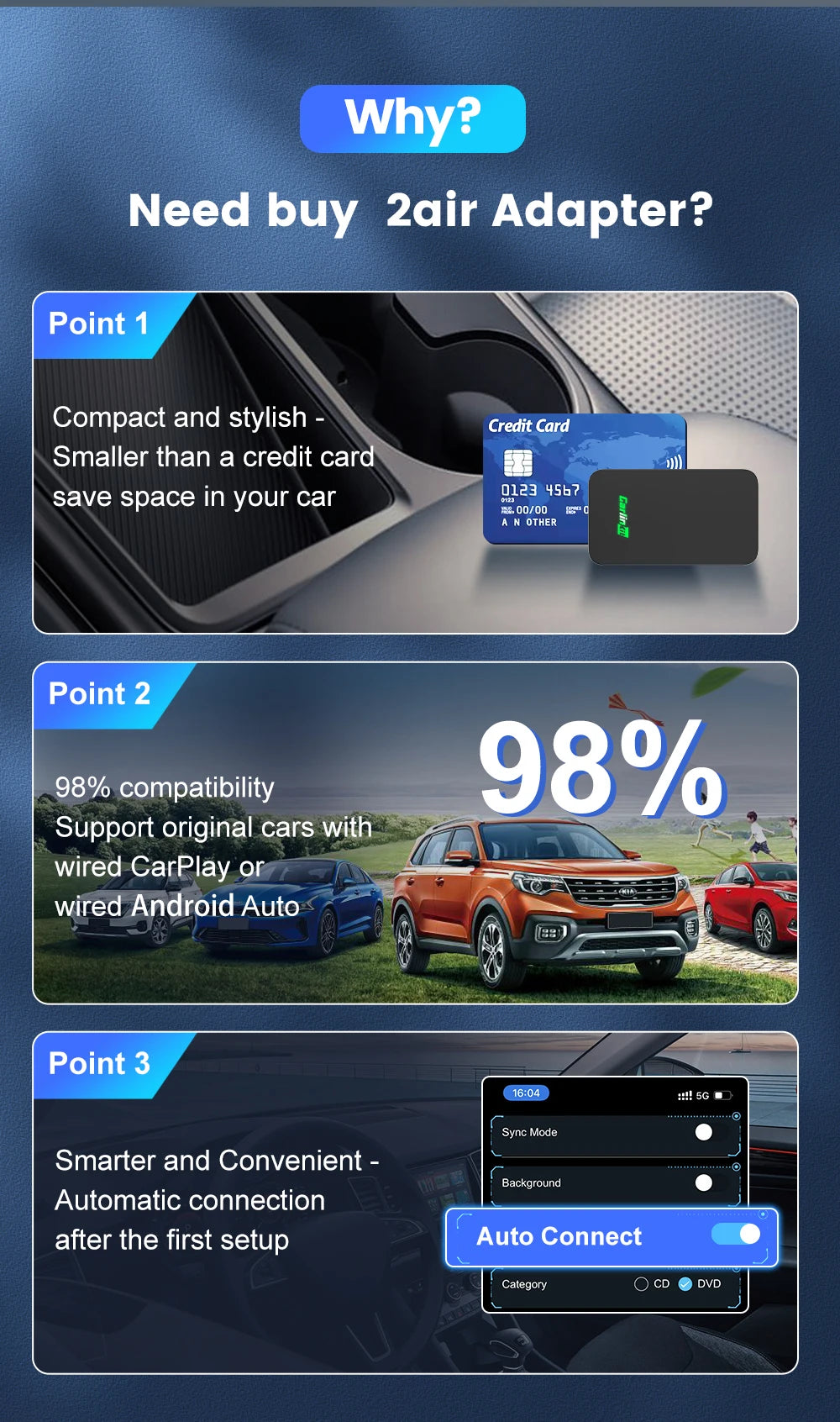 CarlinKit 5.0 Wireless CarPlay Android Auto Adapter 3 in 1 Wireless Car Adapter for Mazda Toyotal Peugeot Volvo Kia Spotify